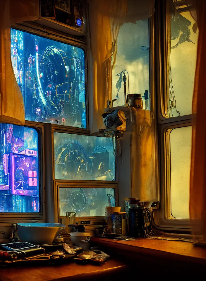 Image similar to telephoto 7 0 mm f / 2. 8 iso 2 0 0 photograph depicting the feeling of chrysalism in a cosy cluttered french sci - fi ( ( art nouveau ) ) cyberpunk apartment in a dreamstate art cinema style. ( ( computer screens, window rain, sink ( ( ( fish tank ) ) ) ) ), ambient light.