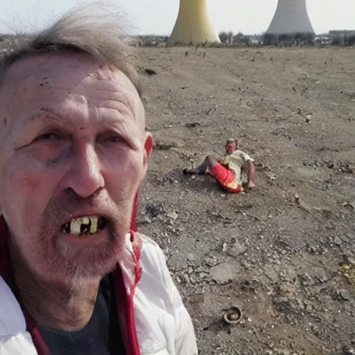 Prompt: last selfie of last alive funny scared ukrainian very damaged body to bones, bleeding crawling from nuclear rockets and nuke explossions, big nuclear explosion and nuke missles at background getting close,