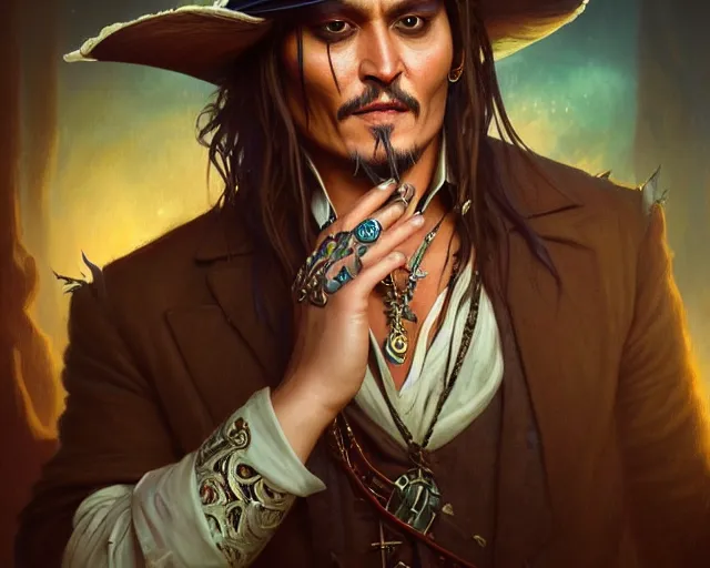 Image similar to photography of johnny depp, deep focus, d & d, fantasy, intricate, elegant, highly detailed, digital painting, artstation, concept art, matte, sharp focus, illustration, hearthstone, art by artgerm and greg rutkowski and alphonse mucha