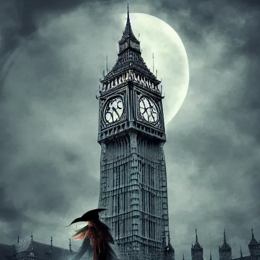 Image similar to A witch wearing a hat sitting on a broom stick and flying high in the sky,the Big Ben is in background,gloomy lighting,creepy atmosphere,digital art , highly detailed , high contrast, beautiful lighting, award winning , trending on art station, 8k, photo realistic