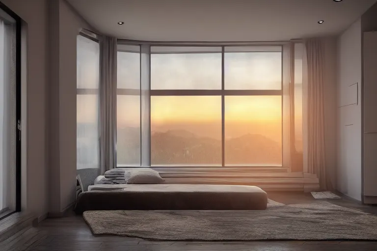 Image similar to a futuristic furnished bedroom with a large window at sunset, godrays, luxury furnish, white bed, complementary colors, warm lighting, path traced, highly detailed, high quality, concept art, 8k, calm, trending on Artstation