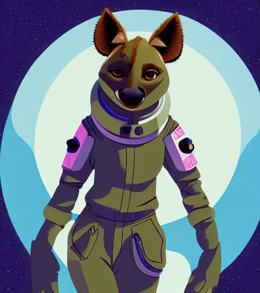 Image similar to digital detailed full body of anthromorphic female hyena, in style of zootopia, zootopia, zootopia, fursona, furry, furaffinity, 4 k, deviantart, wearing astronaut outfit, in style of zootopia, floating in space, space background, in deep space, dark background, hyena fursona, cyberpunk, female, stylized face,