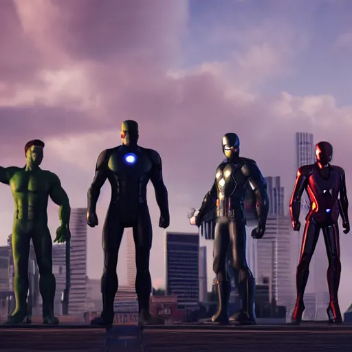 Image similar to The avengers, gta artstyle, macro, wide shot, dramatic lighting, octane render, hyperrealistic, HD