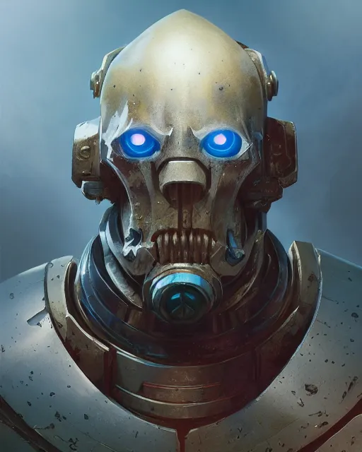 Prompt: hyper realistic portrait of warhammer android head, cinematic, chaos marine, tzeentch, artstation, cgsociety, full head and shoulders, greg rutkowski, james gurney, mignola, craig mullins, brom