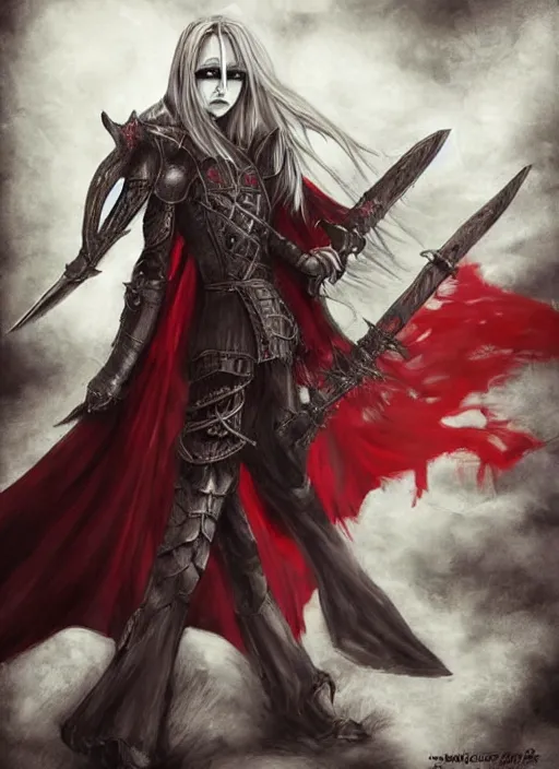 Image similar to dnd art, female vampire knight, flying, barefoot, black plate armor, historical armor, realistic armor, full body, monstrous mask, giant two - handed sword dripping blood, red wings, grinning, barefeet, realistic, pathfinder.