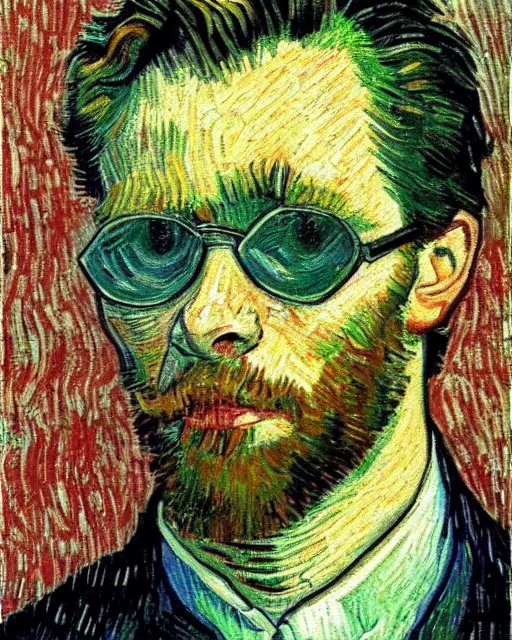 Image similar to The Matrix movie frame in the style of Van Gogh self portrait, face, detailed, sharp focus