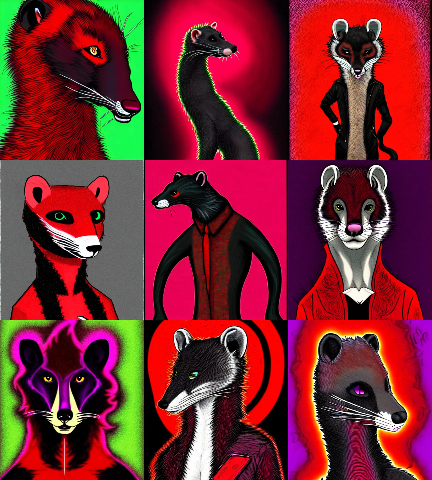 Prompt: handsome male weasel fursona fullbody portrait, male, red - black, dark psychedelia style, refer to late timothy leary, schizophrenic art. dark and smoky