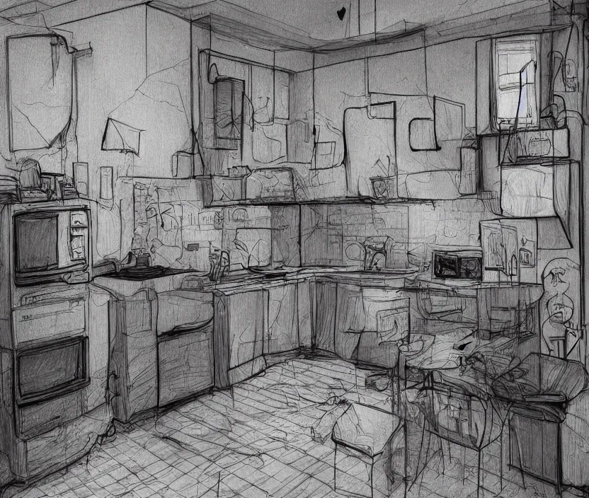 Image similar to An apartment interior at night, rotoscoped, rotoscope, photoshop, photomanipulation, realism, painting, illustration and sketch, weird scribbles, hybrid styles, hybrid art styles, mismatched, trending on artstation, trending on deviantart, weird, quirky, interesting, very detailed, highly detailed, HD Quality, 4k resolution, 8k resolution, in the style of David Firth, in the style of James Lee, in the style of Drue Langlois,