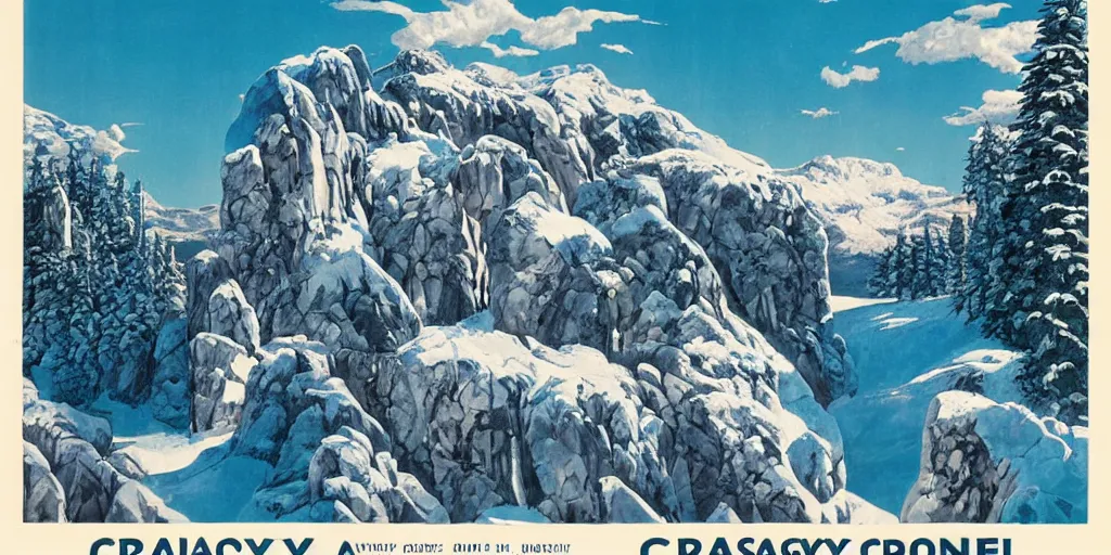 Prompt: idyllic poster of a craggy icy ski resort with large pillars of rock and no trees