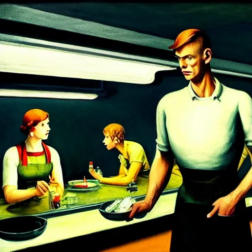 Prompt: the engineer from the movie prometheus, wearing a soiled apron, service shirt order foor in a cyberpunk diner, art by edward hopper, high quality film stock, noir lighting