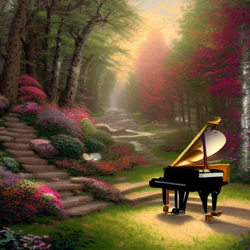 Prompt: thomas kinkade painting of amy lee playing grand piano in the woods