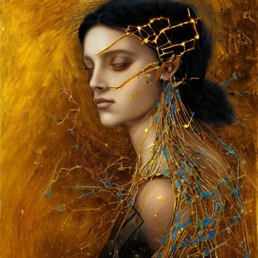 Prompt: Goddess of life itself with a scythe, dark Goddess of artificial intelligence creating an artificial neural network with gold synapses on an anvil with her scythe, high resolution, award winning art, trending on art station, sharp image, incredibly detailed, detailed character, realistic painting, hyper-realistic painting, coherent painting, master piece by ramon y cajal