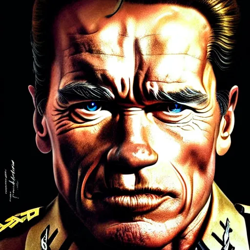 Prompt: uhd photorealistic portrait of arnold schwarzenegger in nazi uniform, by amano, ayami kojima, greg rutkowski, lisa frank, mark brooks, and karol bak, masterpiece, cinematic composition, dramatic pose, studio lighting, correct face, hyperdetailed, intricate details