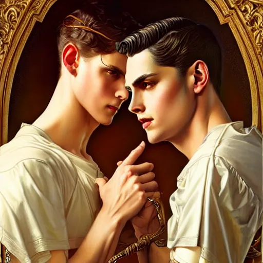 Prompt: attractive fully clothed king confesses his love for his attractive fully clothed male prince. highly detailed painting by j. c. leyendecker, tom bagshaw,