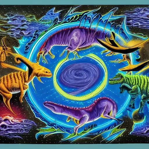 Prompt: painting of the extinction of the dinosaurs with asteroid and fire, in the style of alex grey