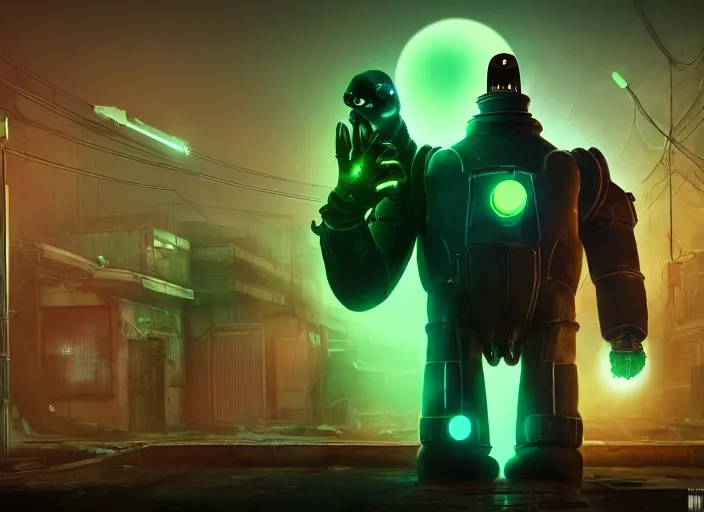 Image similar to anthropomorphic cyber penguin in fallout 4, glowing green eyes, claws, horror scene, artgerm, rutkowski, tooth wu, beeple, and intricate