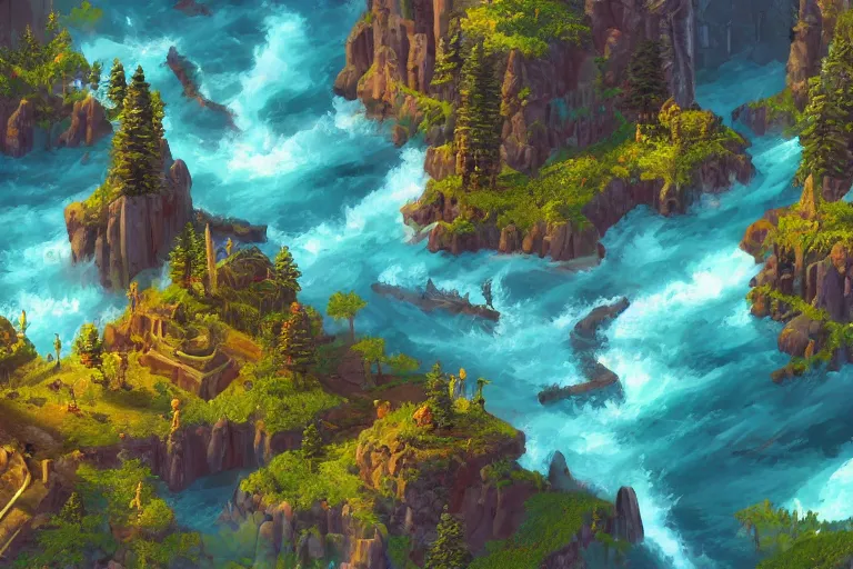 Prompt: world of warcraft environment with trees and a huge stage in the center and birds flying, rocky mountains and a river, beautiful, concept