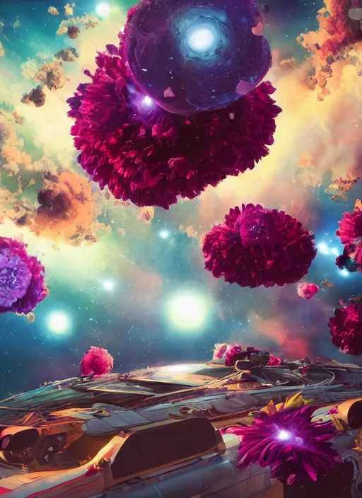 Image similar to An epic fantastic realism comic book style painting of the most beautiful flowers launched into space, bouquets, glorious galactic collision, sharp focus, fisheye, unreal 5, DAZ, hyperrealistic, octane render, dynamic lighting