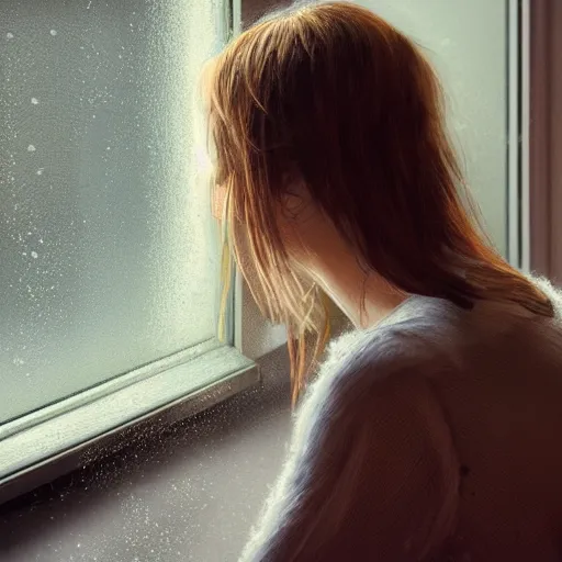 Image similar to girl sitting nearby a windowing, rainy outside, detailed, very fine face, strong lighting, by artists.