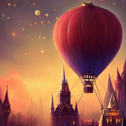 Image similar to a beautiful stunning fantasy whimsical matte digital illustration of a scene of a hot - air balloon powered by magic over a lit city at night by marc simonetti, pastel color palette, disney magic the gathering steampunk, chiaroscuro magical bokeh moon stars dramatic romantic epic breathtaking, trending on artstation hq, masterpiece