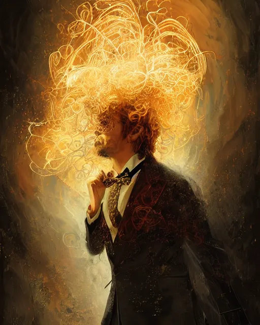 Image similar to a highly detailed portrait of serious male magician radiating a majestic fiery aura, back tuxedo, wispy tendrils of smoke, intricate, digital painting, old english, raining, sepia, particles floating, whimsical background by marc simonetti, artwork by ramond swanland and liam wong