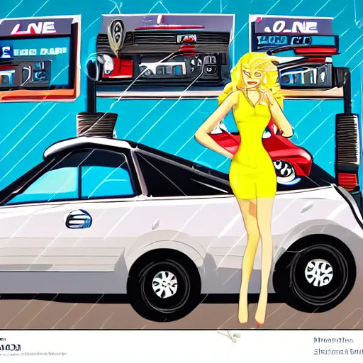 Image similar to petrol station expensive fuel blonde woman nice car cartoon style drawn comic sunny weather wide shot surprised expression valvoline gas