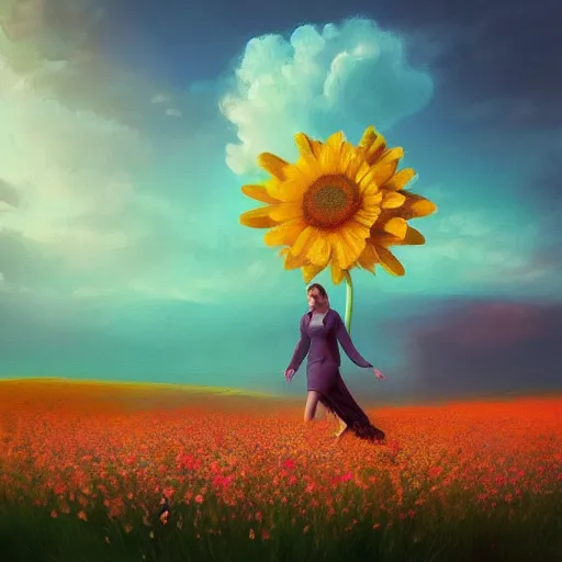 Image similar to giant daisy flower as a head, girl walking in flower field, surreal photography, sunrise, dramatic light, impressionist painting, colorful clouds, digital painting, artstation, simon stalenhag