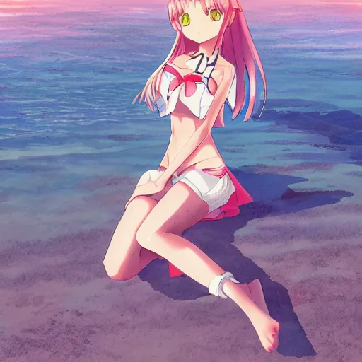 Image similar to an anime girl on the beach, anime art, smooth, hd, elegant