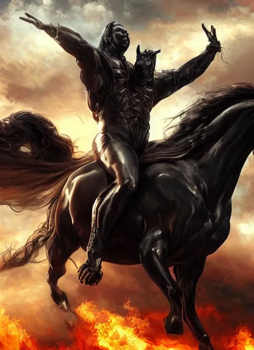 Image similar to the first horseman of the apocalypse riding a strong big black stallion, horse is running, the rider carries a the scales of justice, flames from the ground, artwork by artgerm and rutkowski, breathtaking, dramatic, full view