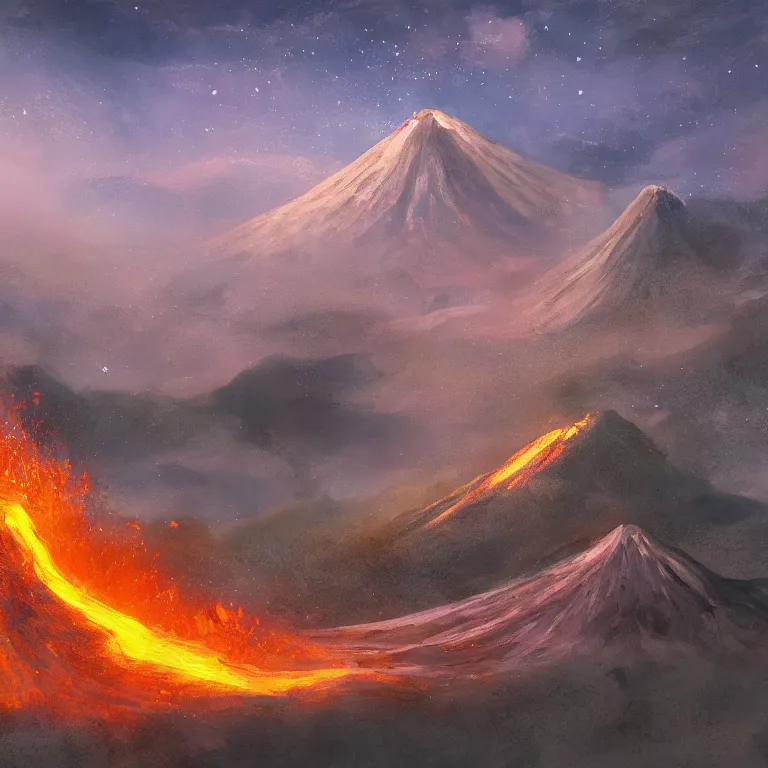 Image similar to a painting of a volcano from which come out flowers and stars exotic plants, all this happens in some kind of fantasy world, almost like in the sky or all in the amazing outdoors view, long exposure, 8 k resolution, trending on artstation