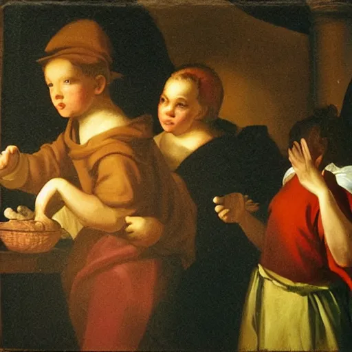 Prompt: chiaroscuro painting of the discovery of sugar. restored face.