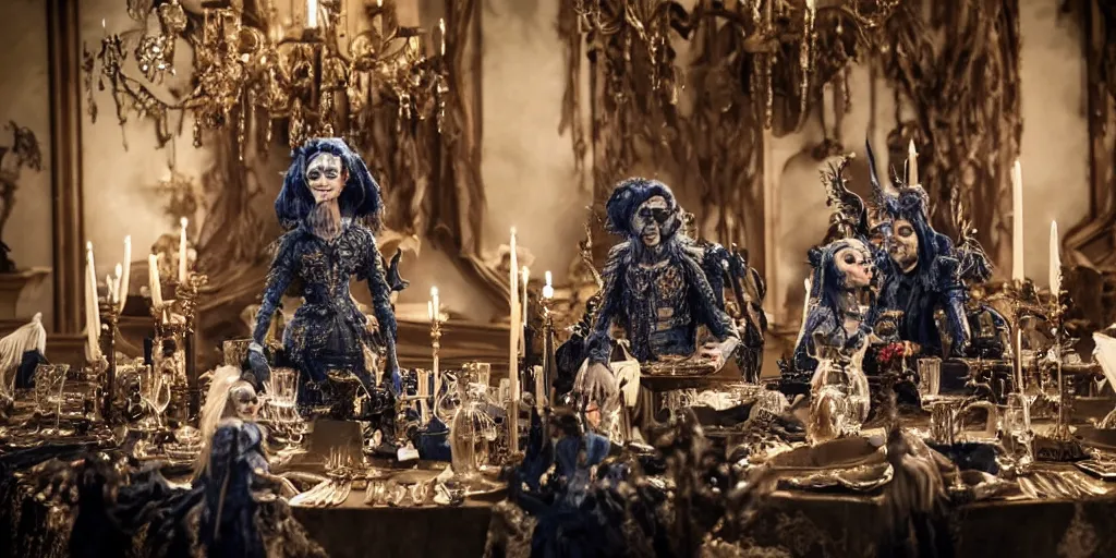 Image similar to photo taken of an epic intricate, ultra detailed, super realistic stop motion puppet of a majestic gracious regal aristocratic vampires in an indoor banquet hall filmset created by weta workshop and tim burton, menacing, wide angle, moody full body shot, photorealistic, sharp focus, gloomy, extremely cold blueish colour temperature, 3 5 mm, f 1. 4