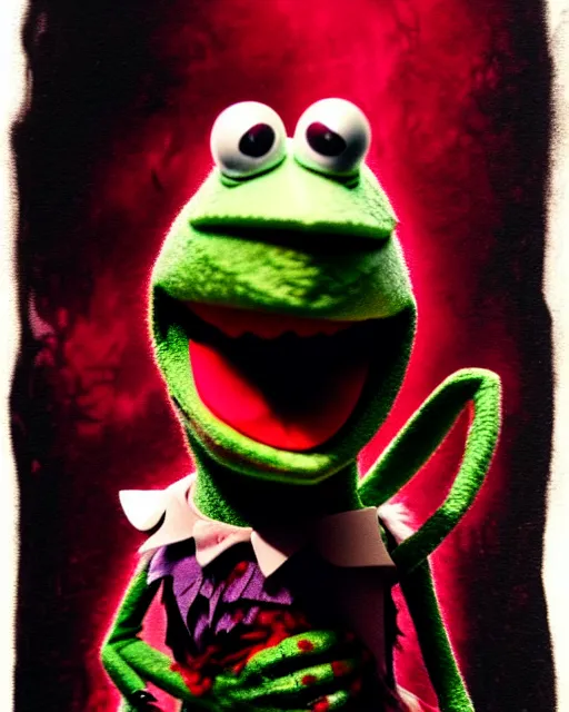 Prompt: disturbing grunge still of a demon infested kermit the frog in the muppets show. horror colored ink art, by greg tocchini, by tom bagshaw, by henry asencio, by kikuchi hideyuki, white red, black, crimson and grey gradient color scheme