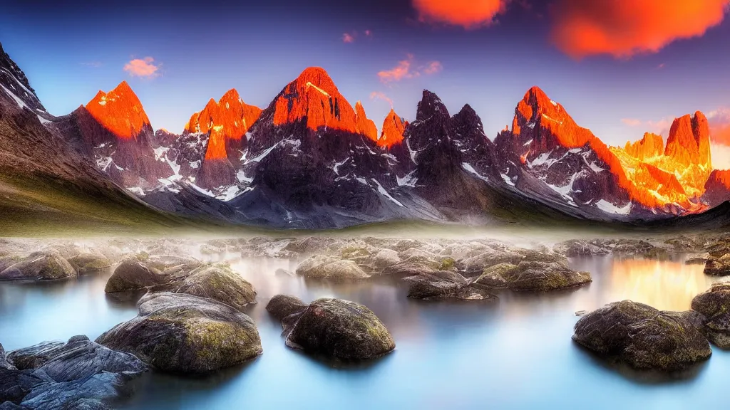 Image similar to amazing landscape photo of mountains with lake in sunset by marc adamus, beautiful dramatic lighting