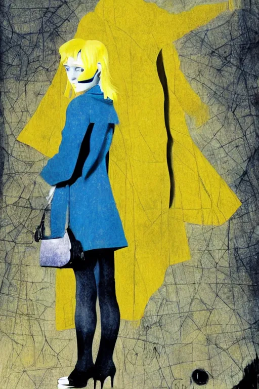 Image similar to Dakota Fanning with short blue hair wearing a yellow trenchcoat by Dave McKean