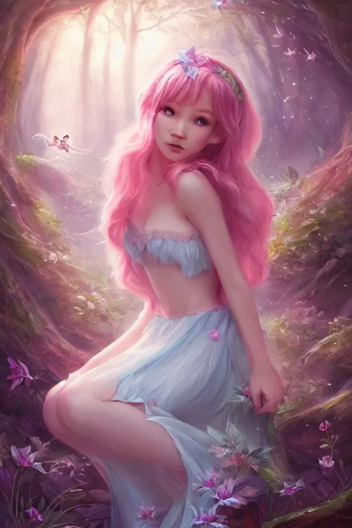 Image similar to a cute fairy in the dreamy forest, fantasy, 8 k resolution, hyper detailed, d & d, character design, digital painting, trending on artstation, sharp focus, illustration, art by artgerm, steve zheng, fuji choko, viktoria gavrilenko, hoang lap