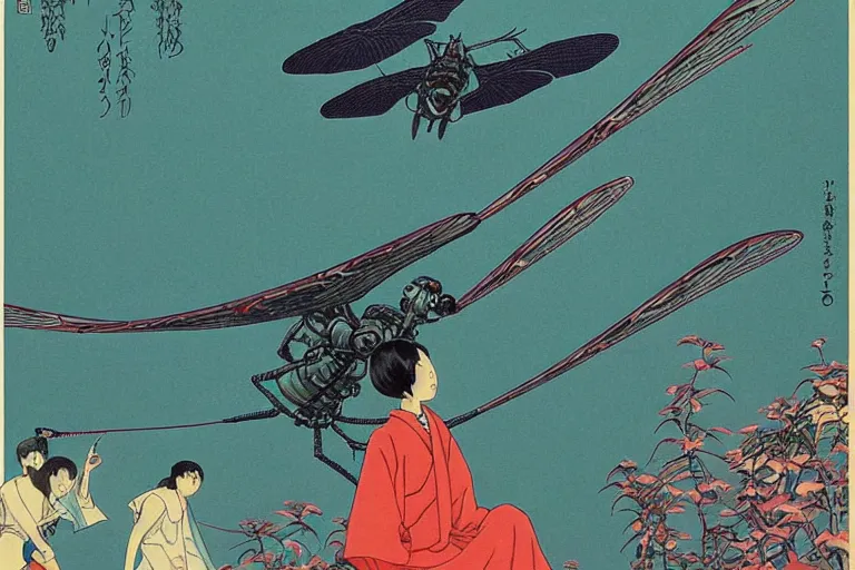 Image similar to gigantic dragonflies with human faces catch tiny robots, a lot of exotic mechas robots around, human heads everywhere, risograph by kawase hasui, dirtyrobot, edward hopper, satoshi kon and moebius, colorful flat surreal design, super - detailed, a lot of tiny details, fullshot