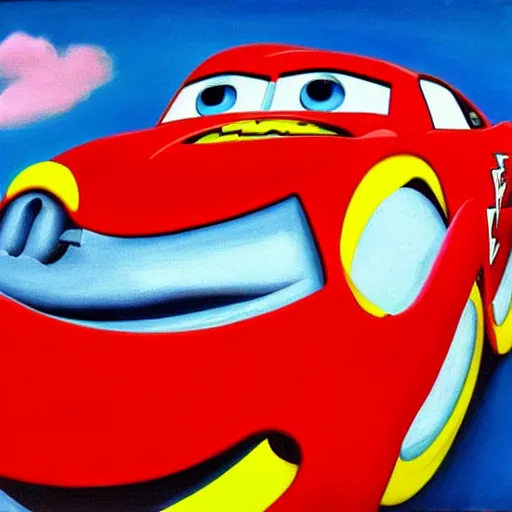 Image similar to a surrealist painting of Lightning McQueen,