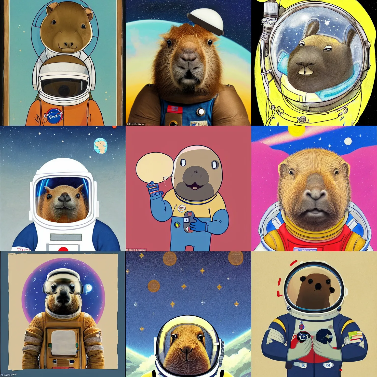 Prompt: a beautifully detailed and charming portrait of a happy capybara astronaut in a spacesuit, saluting, putting his hand to his head, like a soldier, super cute, new modern, pop surrealism