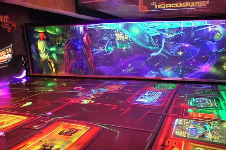 Prompt: scifi holographic dueling board game played by aliens at a cyber space arcade lounge