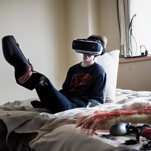 Image similar to A teenage caucasian boy wearing a VR-headset sitting on his messy bed. The messy tiny room is dimly lit by a small night light. dim lighting, award-winning, anime, manga style, cyberpunk