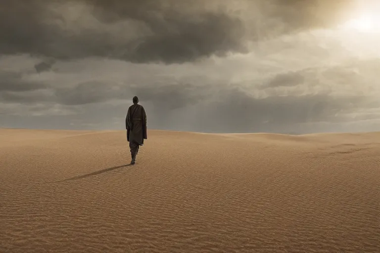 Prompt: a cinematic wide angle shot of a man in his early twenties, in the 2 0 2 1 movie dune, stormy weather, dry, film still, cinematic, dramatic lighting, by zack snyder