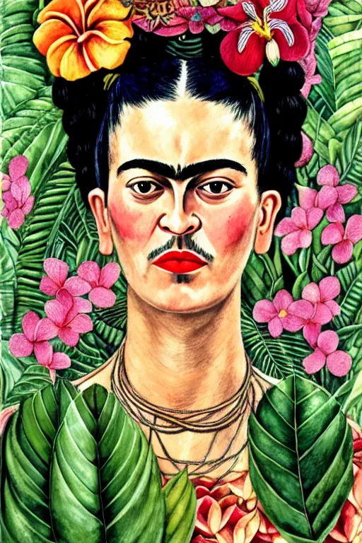 Prompt: realistic portrait of frida kahlo in the center of an ornate floral frame with tropical foliage and tropical flowers, detailed art by kay nielsen and walter crane, illustration style, watercolor