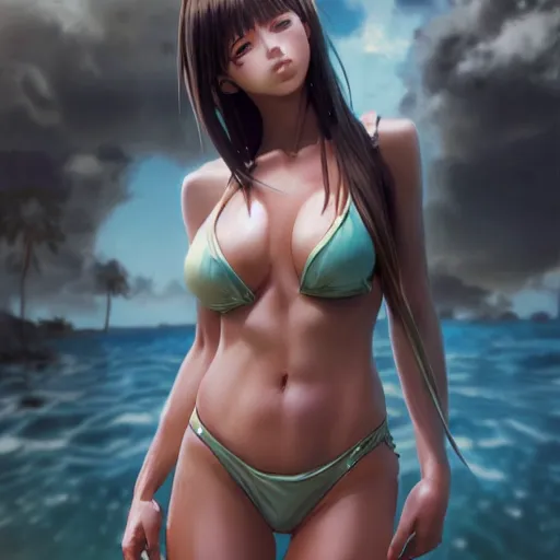 Prompt: photo realistic image of a pretty anime girl in bikini, stunning 3 d render inspired art by istvan sandorfi and greg rutkowski, perfect facial symmetry, realistic, highly detailed attributes and atmosphere, dim volumetric cinematic lighting,