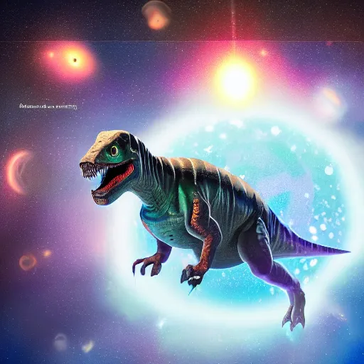 Prompt: a hyper realistic digital painting of a dinosaur in an space suit in space