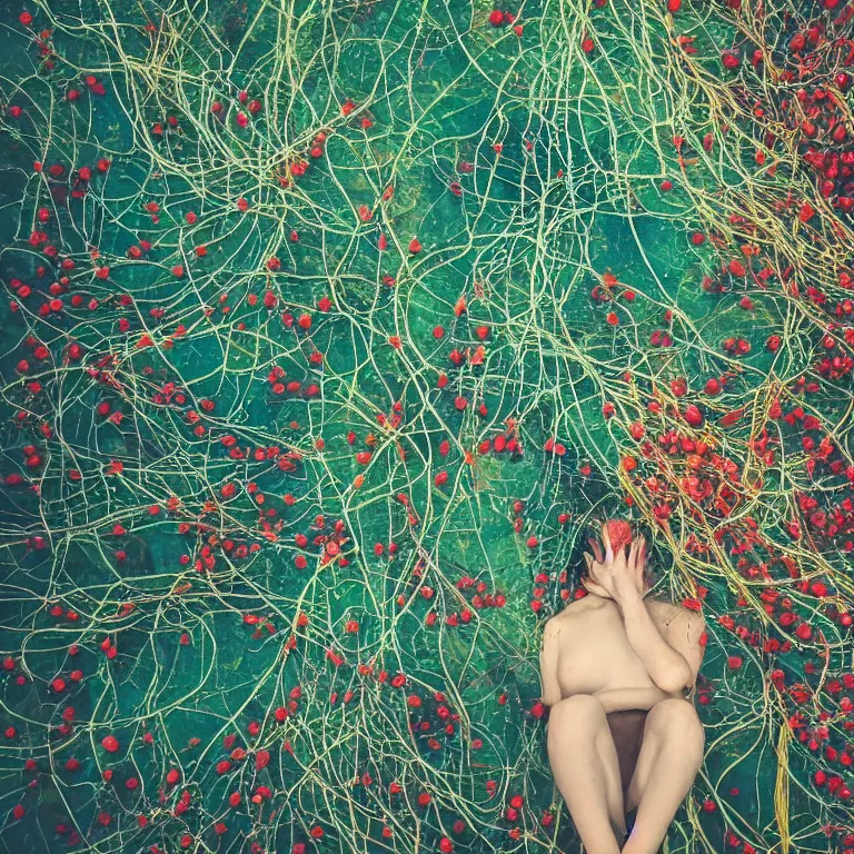 Image similar to human with the sea and the forest inside, veins diverge through the body like rivers filmed on a satellite, a person is decorated with wild berries, a beautiful bird is looking at him next, colorful picture