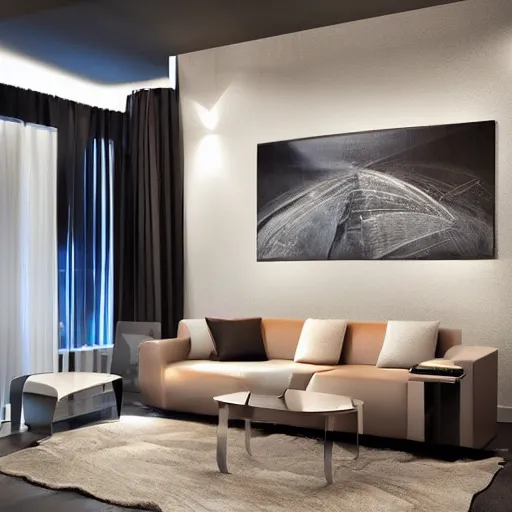 Image similar to contemporary room design, modernism, photorealistic!!!!!!! art style, luminous lighting