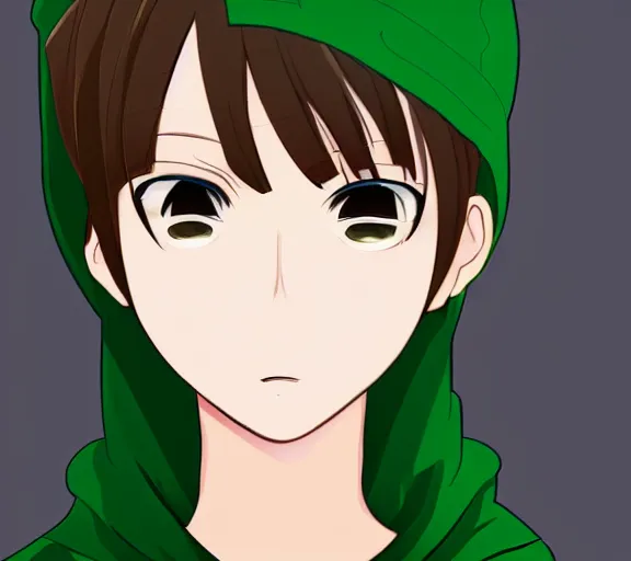 Image similar to close up character portrait of an anime character with brown hair and green eyes wearing a hoody, digital art