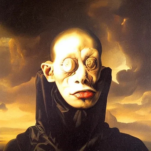 Image similar to oil painting with black background by christian rex van minnen rachel ruysch dali todd schorr of a chiaroscuro portrait of an extremely bizarre disturbing mutated man with acne intense chiaroscuro cast shadows obscuring features dramatic lighting perfect composition masterpiece