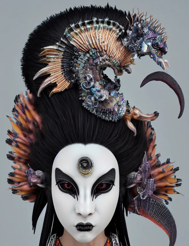 Image similar to 3 d goddess close - up profile portrait punk with mohawk with ram skull. beautiful intricately detailed japanese crow kitsune mask and clasical japanese kimono. betta fish, jellyfish phoenix, bio luminescent, plasma, ice, water, wind, creature, artwork by tooth wu and wlop and beeple and greg rutkowski